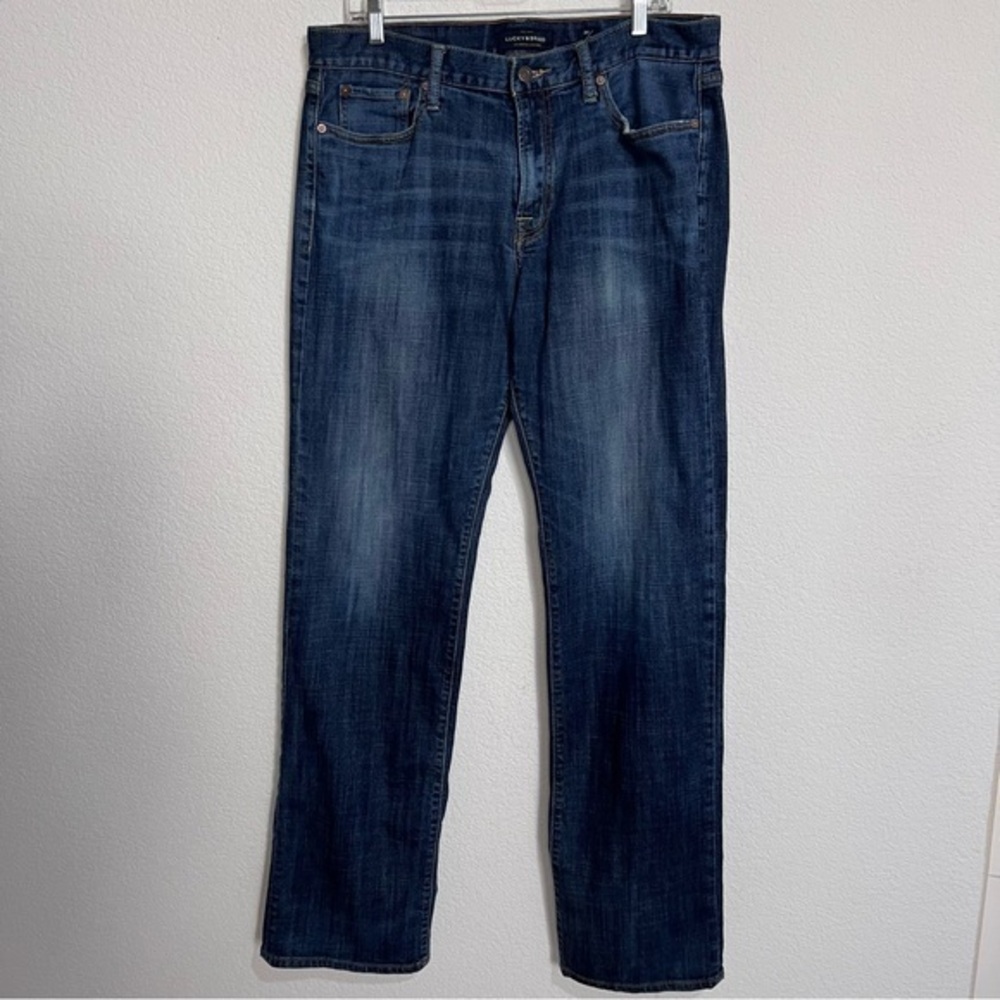 Lucky Brand 361 Vintage Straight Dark Wash Distressed Whiskered Jeans 34 Tall